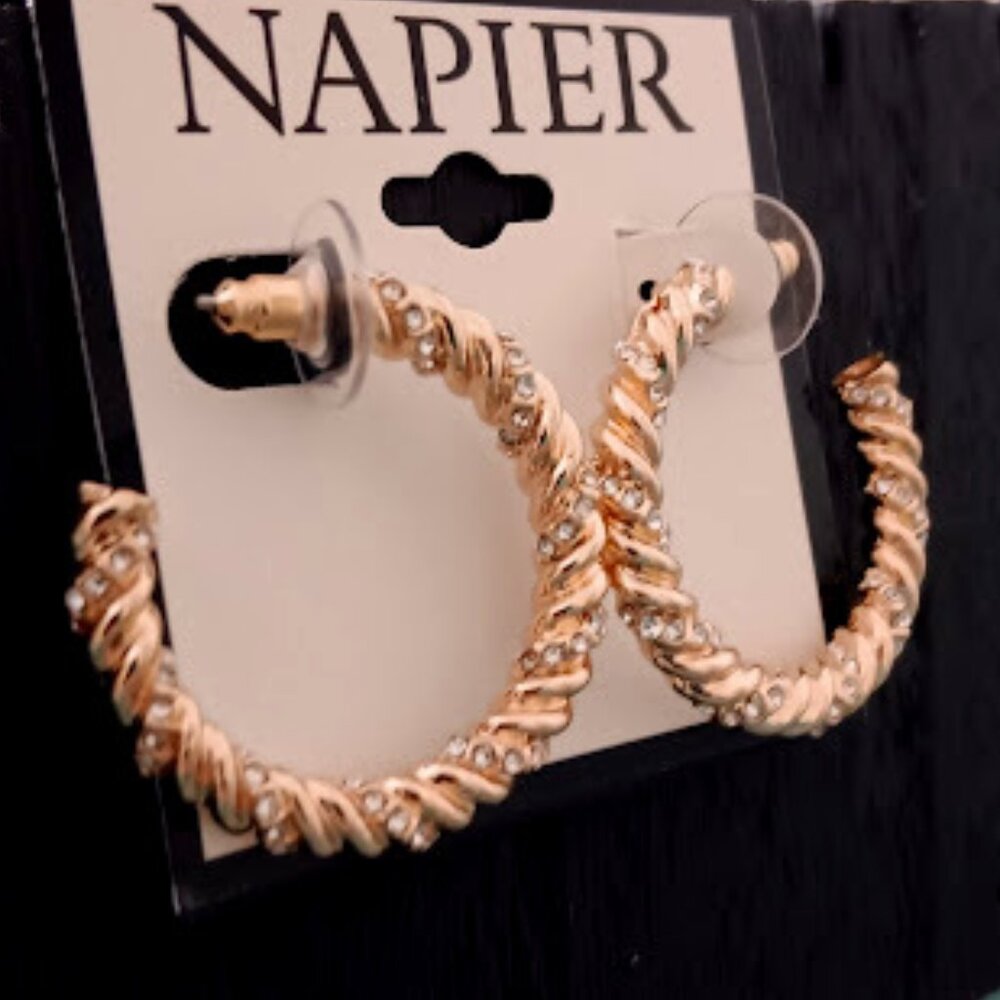 NAPIER Mod/Contemporary Gold Clear Crystal Chunky Rope Hoop Earrings**NEW!